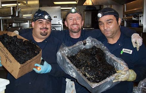 Hood cleaning technicians showing off grease removed from a kitchen exhaust system in Santa Monica